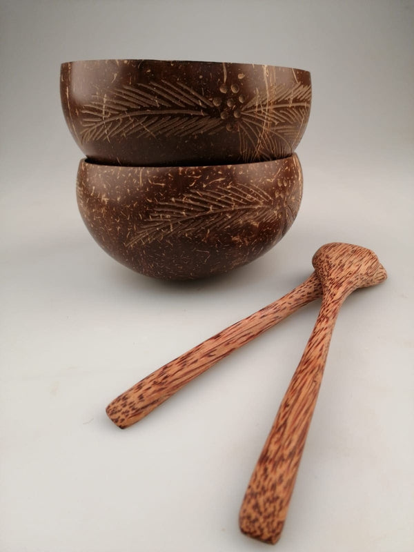 Kokosnuss Bowls/Schalen mit Palmenmotiv 2er Set mit Löffeln | 100% Naturprodukt | Plastikfreie Alternative - Handgefertigt