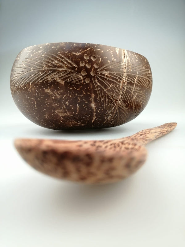 Kokosnuss Bowl/Schale mit Löffel und Palmenmotiv | Naturprodukt | Plastikfrei | Handgefertigt