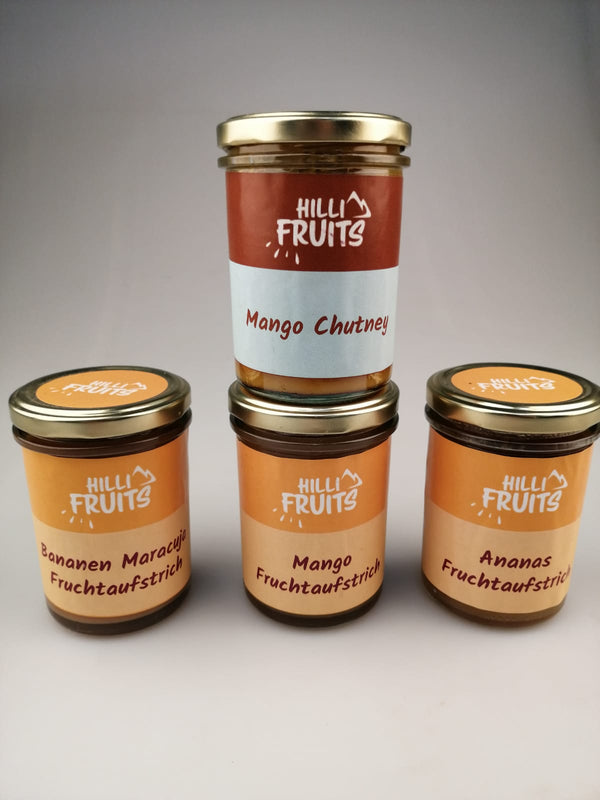 Marmeladen Bundle!!! 4er Pack  Ananas, Mango & Banane- Maracuja Fruchtaufstrich 230g mit 66,7% BIO-Fruchtpüree + Mango CHUTNEY