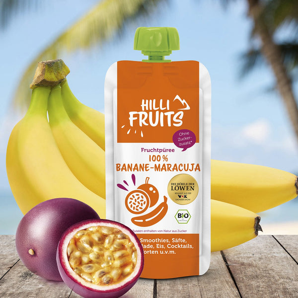 HILLI Fruits: Köstliches Fruchtpüree aus 100% Banane-Maracuja. Das reine Fruchtpüree ist direkt verzehrfertig, ohne umständliches Schälen und Zerkleinern. Das Fruchtpüree kann helfen, eine ausgewogene Ernährung zu unterstützen und ist zudem auch äußerst vielseitig verwendbar. Beispielsweise für Smoothies, Säfte, Marmelade, Eis, Cocktails, Torten, und vieles mehr. Sie können es sich aber auch einfach pur schmecken lassen! Ohne Zuckerzusatz, glutenfrei, laktosefrei, vegan und gut portionierbar.