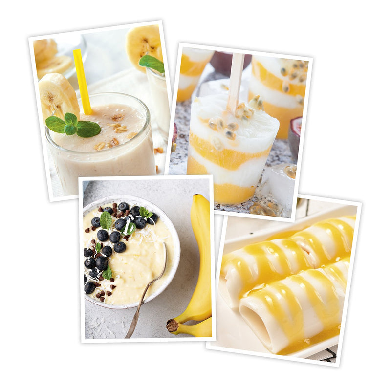 HILLI Fruits: Anwendungsbeispiel für köstliches Fruchtpüree aus 100% Banane-Maracuja. Das reine Fruchtpüree ohne Zuckerzusatz ist direkt verzehrfertig, ohne umständliches Schälen und Zerkleinern. Das Fruchtpüree kann helfen, eine ausgewogene Ernährung zu unterstützen und ist zudem auch äußerst vielseitig verwendbar. Beispiele sehen Sie in diesem Bild. Sie können es sich aber auch einfach pur schmecken lassen! Ohne Zuckerzusatz, glutenfrei, laktosefrei, vegan und gut portionierbar.