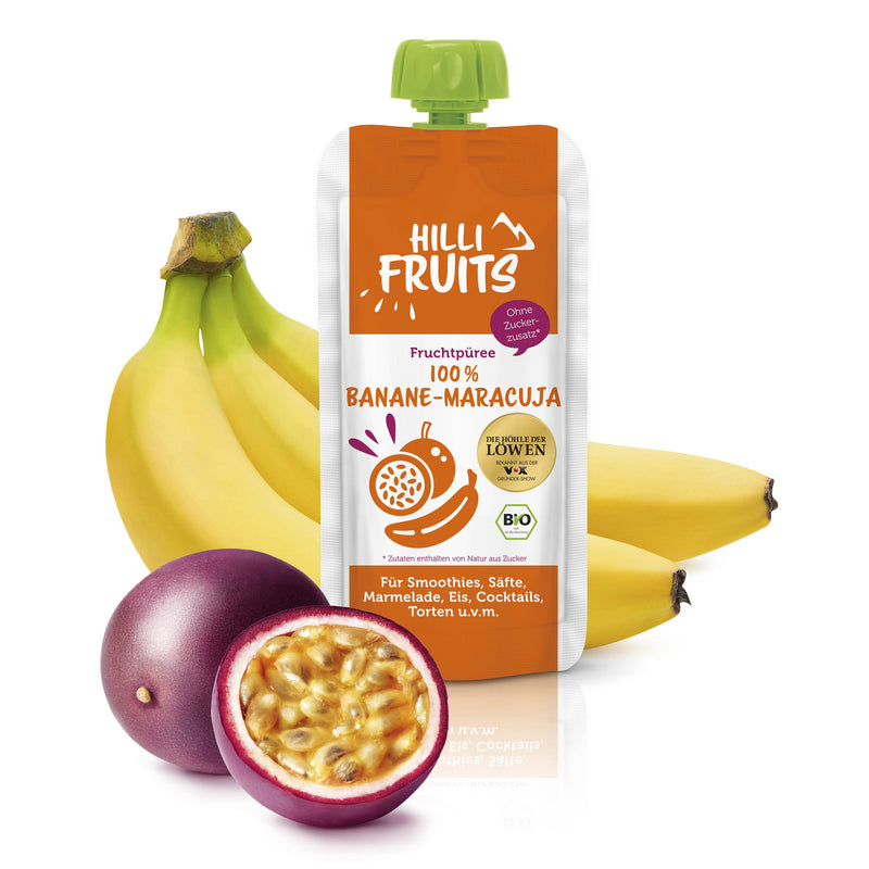 HILLI Fruits: Köstliches Fruchtpüree aus 100% Banane-Maracuja. Das reine Fruchtpüree ist direkt verzehrfertig, ohne umständliches Schälen und Zerkleinern. Das Fruchtpüree kann helfen, eine ausgewogene Ernährung zu unterstützen und ist zudem auch äußerst vielseitig verwendbar. Beispielsweise für Smoothies, Säfte, Marmelade, Eis, Cocktails, Torten, und vieles mehr. Sie können es sich aber auch einfach pur schmecken lassen! Ohne Zuckerzusatz, glutenfrei, laktosefrei, vegan und gut portionierbar.