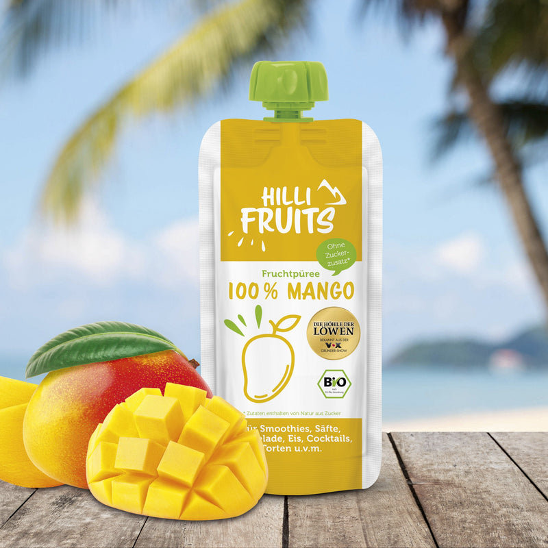 HILLI Fruits: Köstliches Fruchtpüree aus 100% Mango. Das reine Fruchtpüree ohne Zuckerzusatz ist direkt verzehrfertig, ohne umständliches Schälen und Zerkleinern. Das Fruchtpüree kann helfen, eine ausgewogene Ernährung zu unterstützen und ist zudem auch äußerst vielseitig verwendbar. Beispielsweise für Smoothies, Säfte, Marmelade, Eis, Cocktails, Torten, und vieles mehr. Sie können es sich aber auch einfach pur schmecken lassen! Ohne Zuckerzusatz, glutenfrei, laktosefrei, vegan und gut portionierbar.