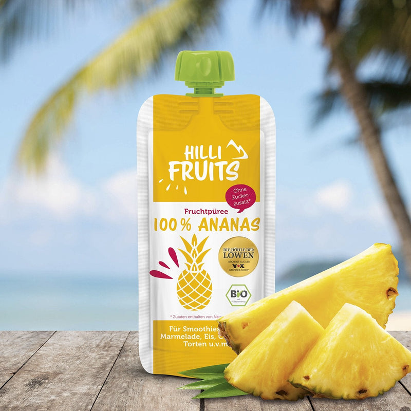 HILLI Fruits: Köstliches Fruchtpüree aus 100% Ananas. Das reine Fruchtpüree ohne Zuckerzusatz ist direkt verzehrfertig, ohne umständliches Schälen und Zerkleinern. Das Fruchtpüree kann helfen, eine ausgewogene Ernährung zu unterstützen und ist zudem auch äußerst vielseitig verwendbar. Beispielsweise für Smoothies, Säfte, Marmelade, Eis, Cocktails, Torten, und vieles mehr. Sie können es sich aber auch einfach pur schmecken lassen! Ohne Zuckerzusatz, glutenfrei, laktosefrei, vegan und gut portionierbar.