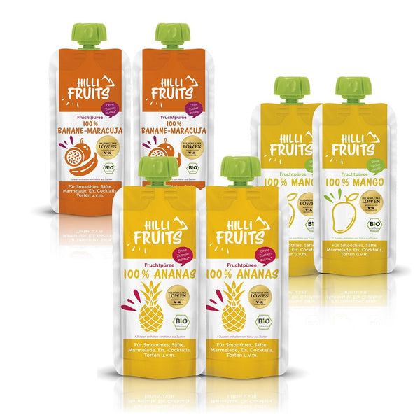 HILLI Fruits: Köstliches Fruchtpüree Set aus 100% Mango, Ananas und Banane-Maracuja zum Probieren. Die Fruchtpürees sind direkt verzehrfertig, ohne umständliches Schälen und Zerkleinern. Die Fruchtpürees unterstützen eine ausgewogene Ernährung und sind zudem auch äußerst vielseitig verwendbar. Beispielsweise für Smoothies, Säfte, Marmelade, Eis, Cocktails, Torten. Sie können es sich aber auch einfach pur schmecken lassen! Ohne Zuckerzusatz, glutenfrei, laktosefrei, vegan und gut portionierbar.