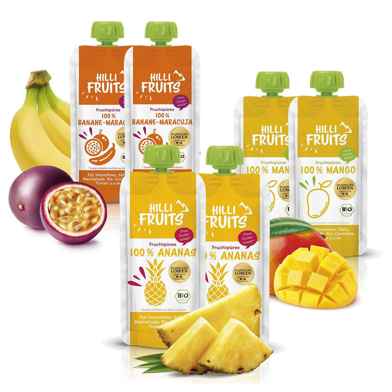 HILLI Fruits: Köstliches Fruchtpüree Set aus 100% Mango, Ananas und Banane-Maracuja zum Probieren. Die Fruchtpürees sind direkt verzehrfertig, ohne umständliches Schälen und Zerkleinern. Die Fruchtpürees unterstützen eine ausgewogene Ernährung und sind zudem auch äußerst vielseitig verwendbar. Beispielsweise für Smoothies, Säfte, Marmelade, Eis, Cocktails, Torten. Sie können es sich aber auch einfach pur schmecken lassen! Ohne Zuckerzusatz, glutenfrei, laktosefrei, vegan und gut portionierbar.