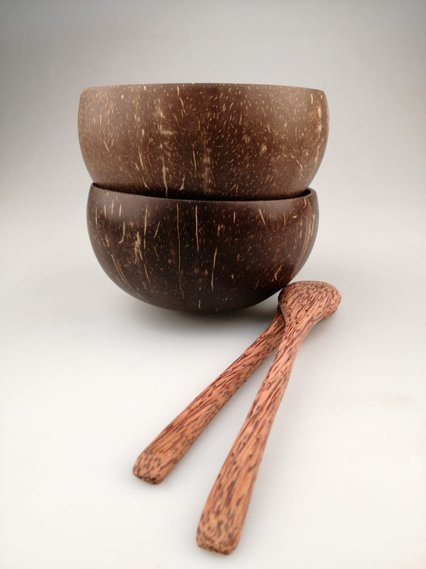 Kokosnuss Bowl Schalen 2er Set mit Löffeln | 100% Naturprodukt | Plastikfreie Alternative - Handgefertigt
